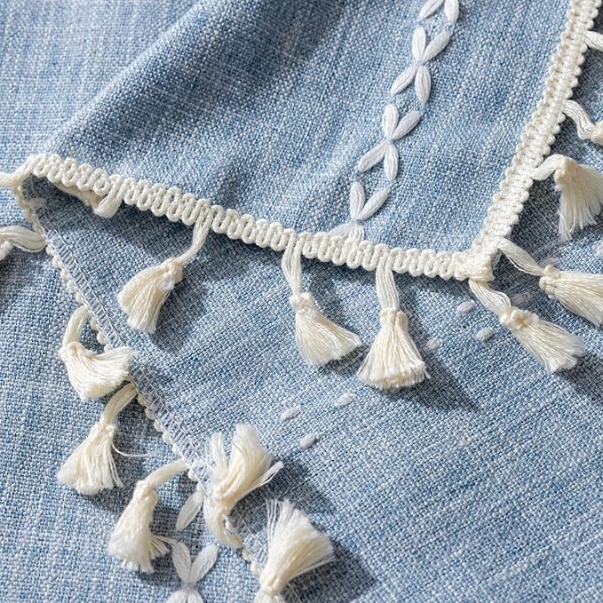Sutuo Home Boho Farmhouse Curtains Valance 18 Inches Long for Kitchen Windows, Bohemian Short Curtains Light Filtering Vintage Tassels Long Embroidery Stripes, Rod Pocket 1 Panel 52" W x 18" L, Blue