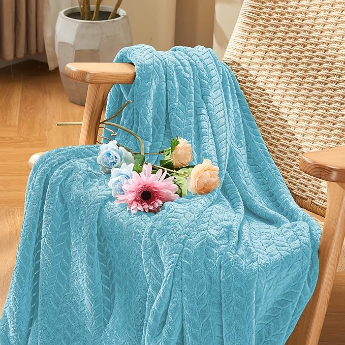 inhand Blue Fleece Queen Blanket for Bed, Super Soft Flannel Cozy Blankets for Adults, Lightweight Leaves Pattern Fuzzy Blanket for Office,Travel, Warm Plush Blankets for All Season, 90x90 Inches
