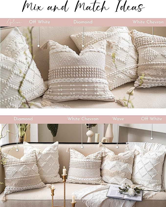 Boho Throw Pillow Cover 22X22, Large Decorative Accent Pillow for Couch, Square Woven Textured Pillowcase, Modern Boho Pillow for Bed, Bohemian Pillow Cover, Cream White (Pack of 1)