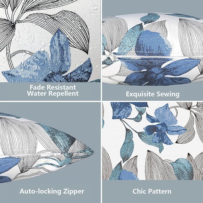 LVTXIII 2 Pack Outdoor Lumbar Pillow Covers, Water Repellent Lumbar Cushion Cases ONLY, 12 x 20 Inch Decorative Lumbar Pillow Cases for Home Patio Garden Furniture Ornament, Clemens Noir Blue