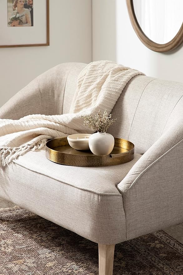 Kate and Laurel Samana Modern Glam Round Metal Tray, 17 Inch Diameter, Antique Brass, Circular Polished Decorative Tray with Hammered Surface and Minimalist Handles