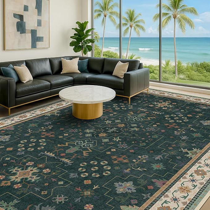 Dark Green Oushak Living Room Rug 10x14 - Modern Vintage Boho Eclectic Floral Pastel, Washable Low Pile Non-Slip Extra Large Area Rugs for Dining Under Table Bedroom Lounge