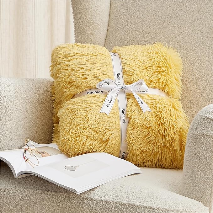 Bedsure Fluffy Yellow Blankets Queen Size for Bed, Thick Sherpa Faux Fur Fleece Fuzzy Plush Winter Warm Heavy Soft Full Queen Blankets, Bedroom Decor Yellow Gifts Cozy Gifts for Women Men, 90x90