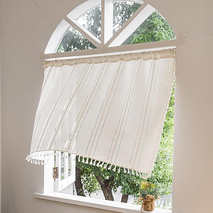 Sutuo Home Ivory Boho Curtain 52W x 36L inch White Striped Light Filtering Short Valance Tier, 1 Panel Embroidery Bohemian Farmhouse Country Kitchen Window Treatment Decor for Small Closet
