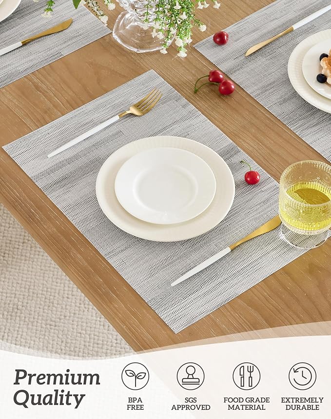 Leetaltree Lightsteel Black Placemats Set of 6 - Heat Resistant Non-Slip Place mats for Dining Table, Washable Durable PVC Vinyl Woven Table Mats (Lightsteel Black, 6)