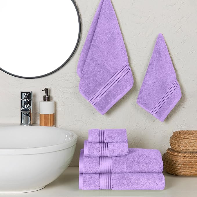 Elegant Comfort Premium Cotton 6-Piece Towel Set, Includes 2 Washcloths, 2 Hand Towels and 2 Bath Towels, 100% Turkish Cotton - Highly Absorbent and Super Soft Towels for Bathroom, Lilac