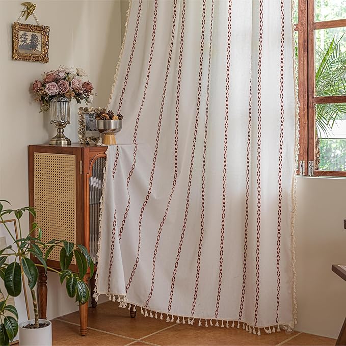 Sutuo Home Boho Curtains 96 Inch Long for Bedroom Dining Living Room, Light Filtering Cotton Embroideried Bohemian Striped Farmhouse Fall Halloween Decor, 1 Panel W52 x L96,White and Terracotta