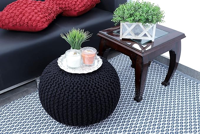 FRELISH DECOR Round Pouf Ottoman Hand Knitted 100% Cotton Pouf Foot Stool - Knitted Bean Bag - Floor Chair for Living Room Bedroom - Foot Rest for Couch (20 Diameter x 14 Height) - Black