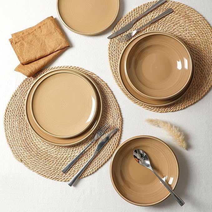 Earth & Clay Harmony 12-Piece Dinnerware, Stoneware, Plates and Bowls, Includes Dinner and Salad Plates, Cereal Bowls, Dishwasher and Microwave Safe, Dish Set for 4, Beige