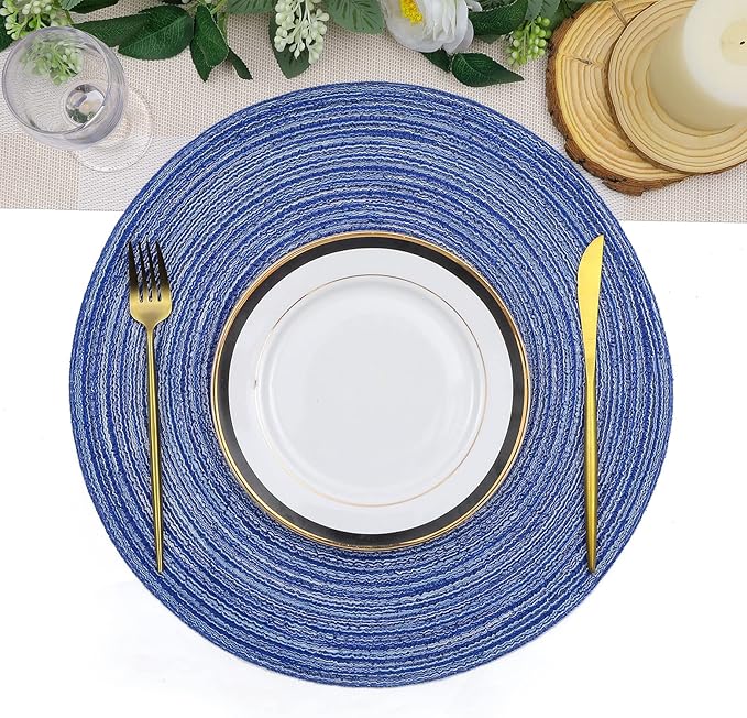 SHACOS Round Braided Placemats 15 inch Set of 6 Washable Kitchen Table Placemats for Home Wedding Party (Blue White, 6)