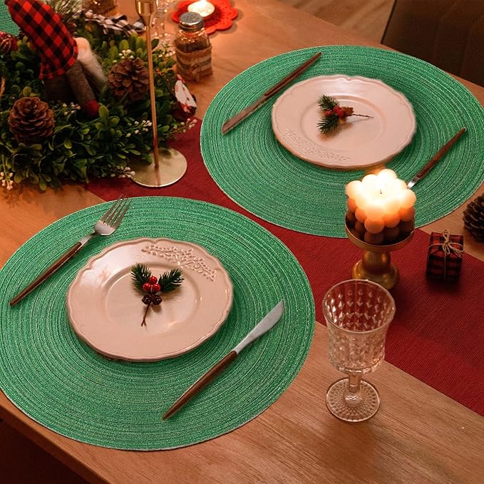 FunWheat Round Placemats Set of 6 Table Mats for Dining Tables Washable Non-Slip Place mats 15 Inch (Green Shine)