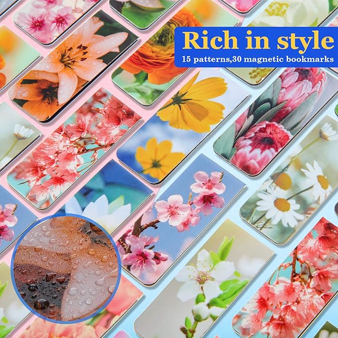 Zonon 30 Pieces Assorted Floral Magnetic Bookmarks Flower Magnetic Bookmarks Clips Page Markers for Women Kids Readers Students, School Office, Flower Theme Aesthetic Gifts