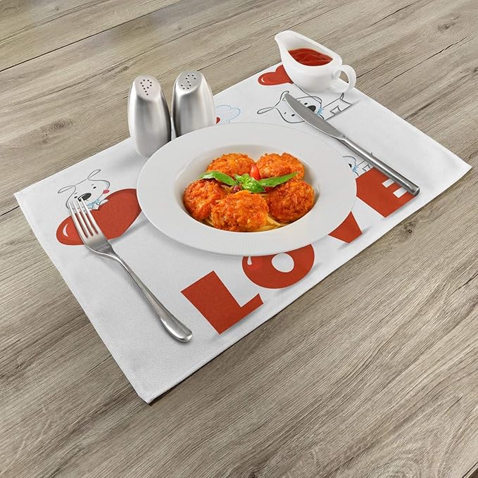 Ambesonne Valentines Day Place Mats Set of 4, Puppy Love Hearts and Dogs His Hers Heart Balloon Romantic Print, Washable Fabric Placemats for Dining Table, Standard Size, Red White