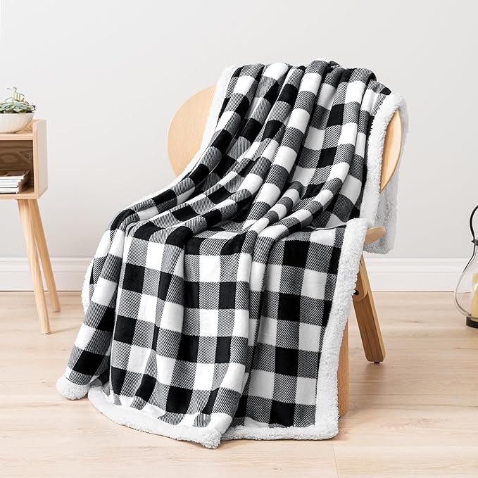 Pavilia Black & White Buffalo Plaid Sherpa Bed Blanket - King, Plush Checkered Fleece & Flannel, Warm Winter Blanket for Couch & Sofa, 90x108