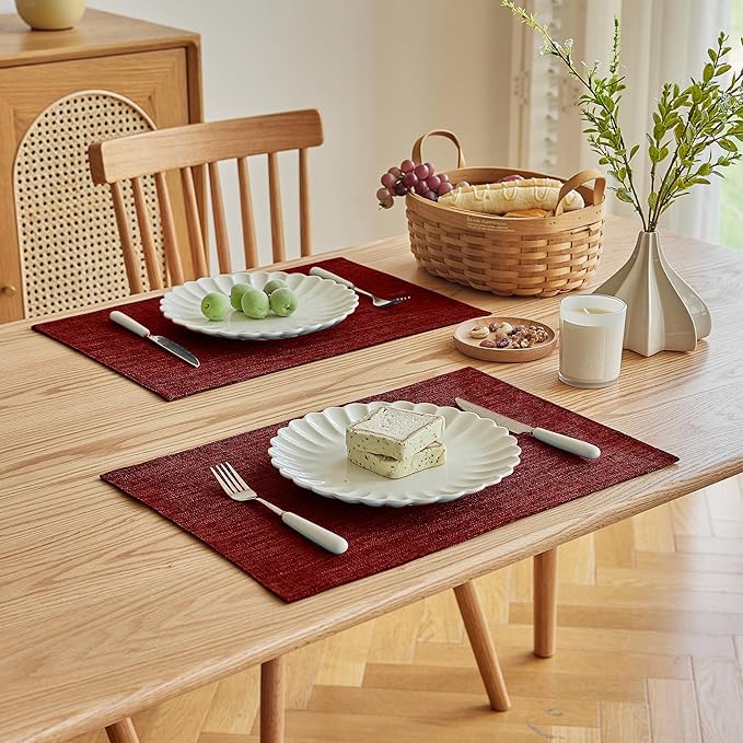 Softalker Faux Linen Placemats Set of 12-12 x 18 Inch, Heat Resistant Double Layered Durable Burlap Farmhouse Place Mats, Non-Slip Washable Rustic Table Mats for Dining, Kitchen, Party(Red