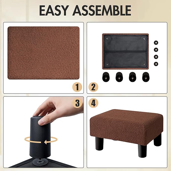 BRIAN & DANY Small Foot Stool Ottoman, Footstool with Legs, Teddy Velvet Foot Rest for Living Room, Bedroom and Office, Brown
