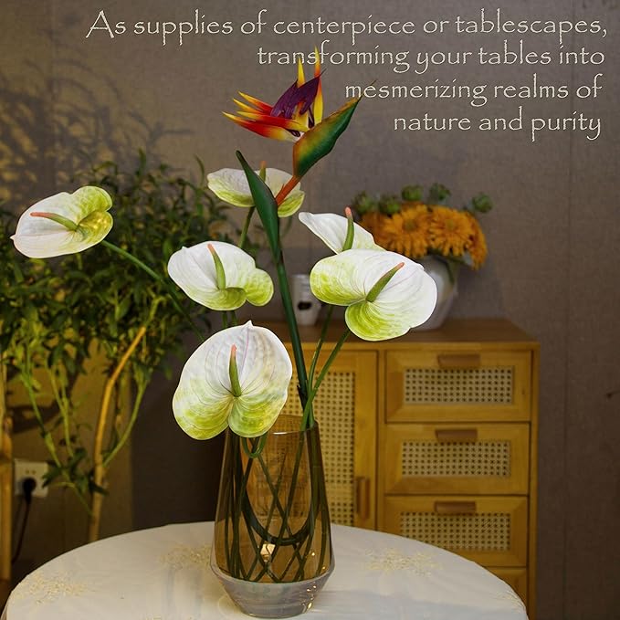 10pcs Artificial Anthurium,28 Inch Faux Tropical Plants Tailflowers,Realistic Flamingo Flower for Home Decor Centerpiece Wedding Bouquet Bonsai,Whitish Green