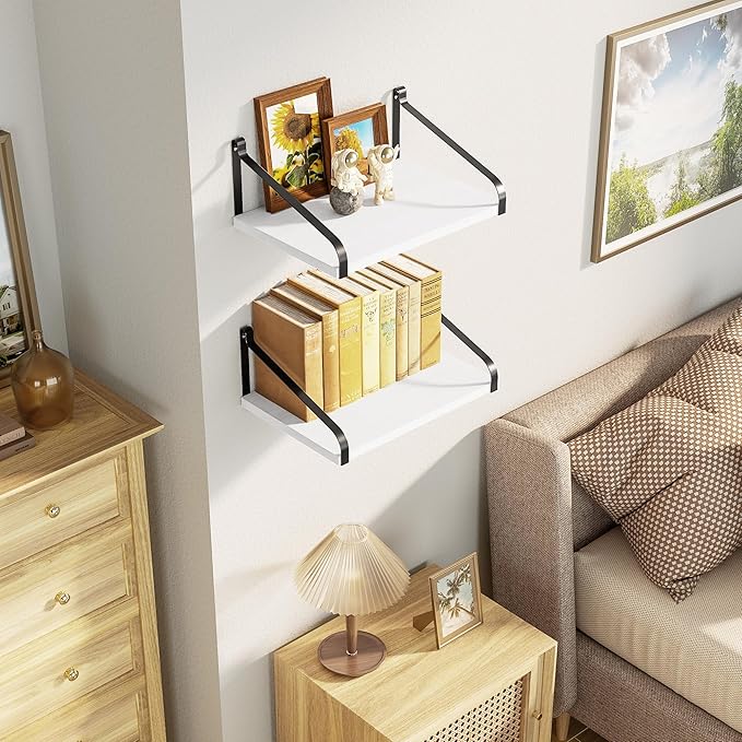 Love-KANKEI Floating Shelves Wall Mount Rustic Wood Wall Shelves with Large Storage L16.5 x W12 inch for Kitchen Living Room Bathroom Bedroom Set of 2 White
