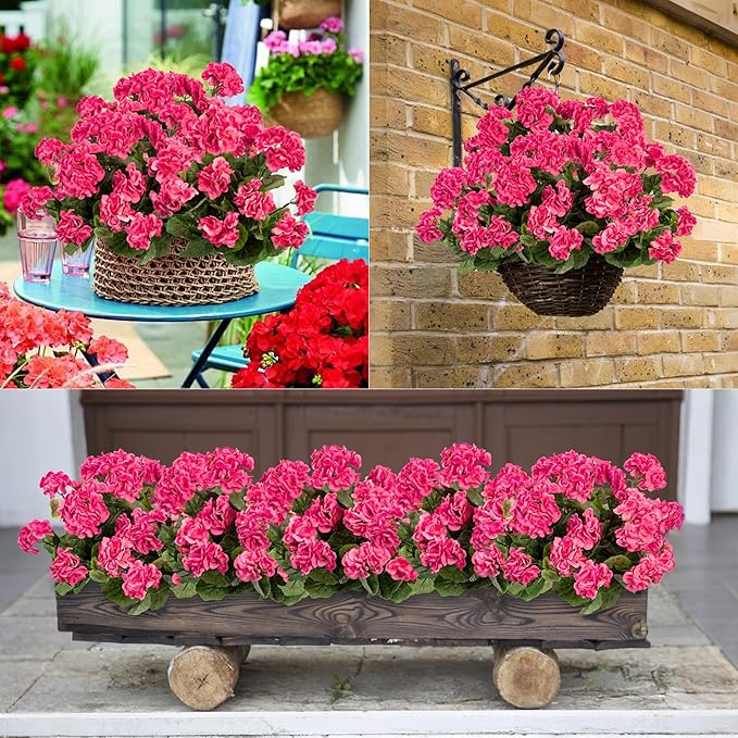 Plastic Flowers for Outdoors Home Decor Fake Plants Artificial Flowers Artificial Geraniums Outdoor Fake Flowers Silk Bouquet, Fall Decor for Interior Porch Garden Decor 14.4"(Rose Red) 8PCS