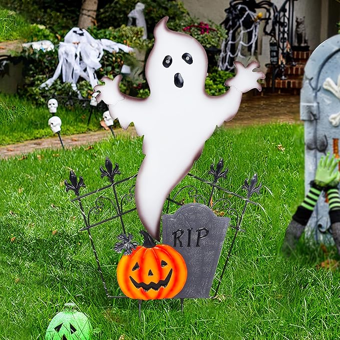 Joliyoou 29.5" H Halloween Yard Stake, Solar Lighted Metal RIP Tombstone with Glow-in-Dark Skull, 18 LED Purple LED Lights Spooky Yard Sign for Outdoor Lawn Garden Decorations