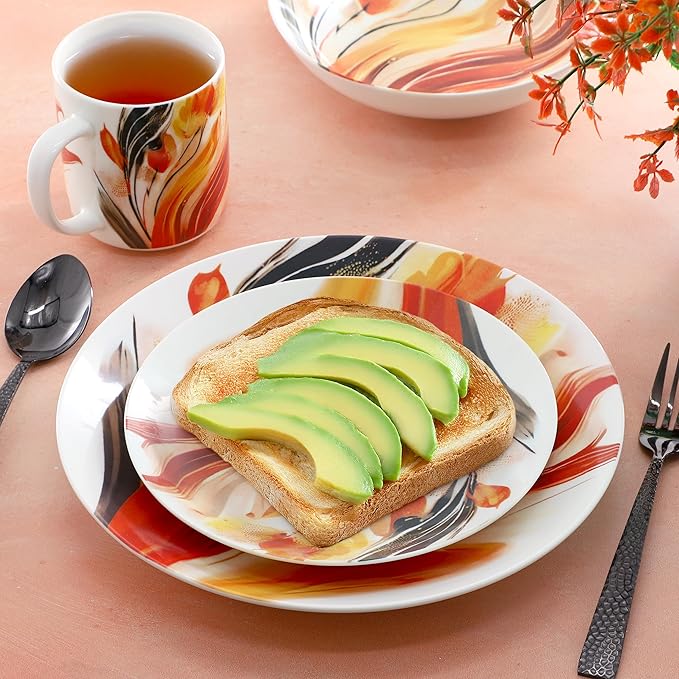 Elama Tulip Fields 16 Piece Abstract Floral Round Porcelain Dinnerware Set, Tableware Set, Serveware Set (Tulip Fields)