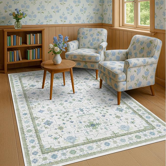 Oushak Area Rug for Bedroom 5x7 - Blue and Green Vintage Boho Floral Geometric, Washable Low Pile Non Slip Area Rugs for Nursery Room, Foyer, Cozy Aesthetic Room Decor