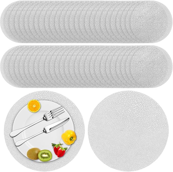 100 Piece Silver Placemats 13 Inch Disposable Silver Foil Place Mats Round Mesh Pressed Paper Placemat for Elegant Wedding, Birthday Party, Church Banquet, Dinners, and Dining Room Table Decor