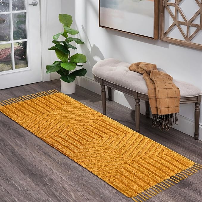 Boho Runner Rug 2x6' Washable Kitchen Rugs with Tassels Indoor Farmhouse Rugs for Bedroom Aesthetic Tufted Rug for Laundry Room Doorway Living Room_Mustard