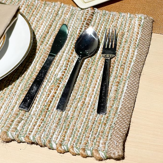 Chardin home | Natural Jute Placemats Set of 4 | 13x19 Inch. Rustic Farmhouse Place mats | Table mats Colors - Natural Jute and Sage Green