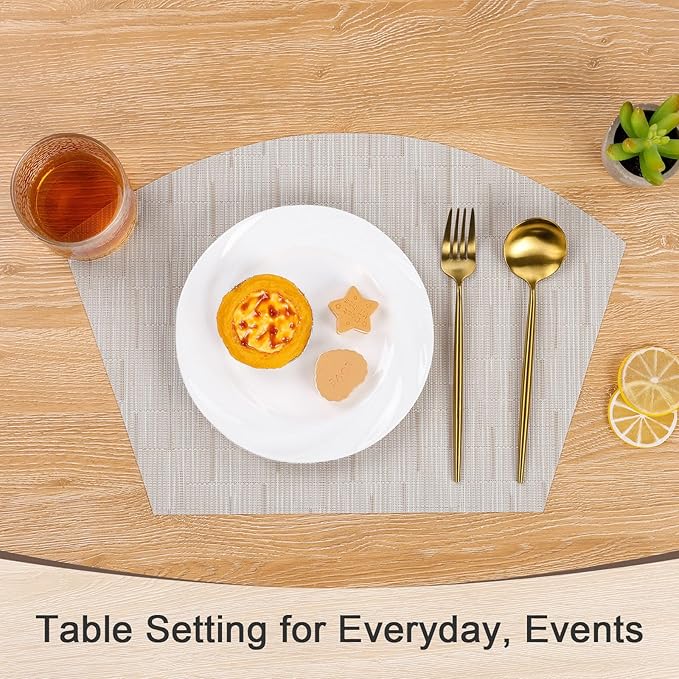 SHACOS Wedge Placemats for Small Round Table Set of 4 Woven Vinyl PVC Placemats Heat Resistant Wipeable Indoor Outdoor Table Mats (4, Beige)