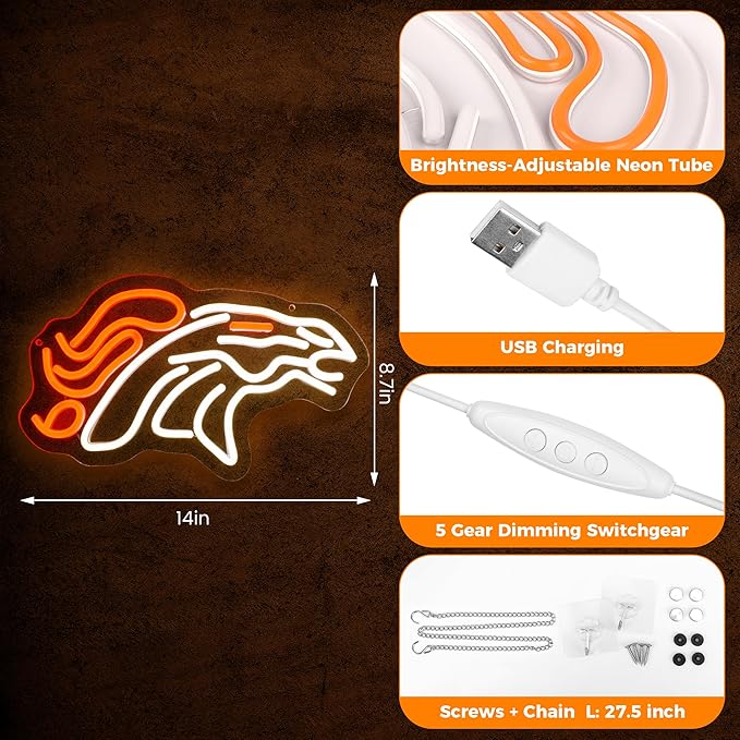 Football Team Neon Sign, Cool Light Up Dimmable Logo Hanging Led Neon Sign for Wall Decor, Man Cave, Garage, Party, Bar, Game Room Deco, Birthday Gift for Football Fans