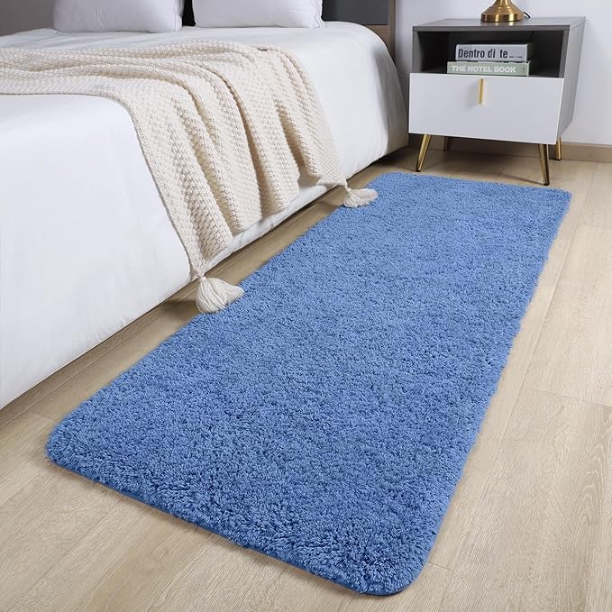 AROGAN Luxury Long Bathroom Runner Rug, 24x60 Inch Thick Soft and Absorbent Non Slip Bath Mat, Rubber Backing Quick Dry Rugs Carpets, Machine Washable Plush Mats for Shower Floor, Blue