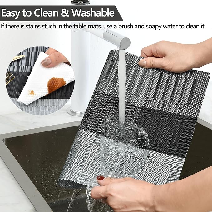 Placemats Set of 8 - Easy Clean Washable Vinyl Placemats - Heat Resistant Placemats for Kitchen Table - PVC Table Mats for Dining Table (Black and Gray, 8)