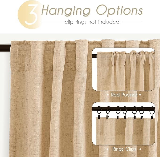 Tan Linen Curtains 108 inches Long for Living Room Back Tab Rustic Farmhouse Semi Sheer Light Filtering Window Curtain Dining Room Soft Thick Flax Linen Textured Drapes Kahki 52x108