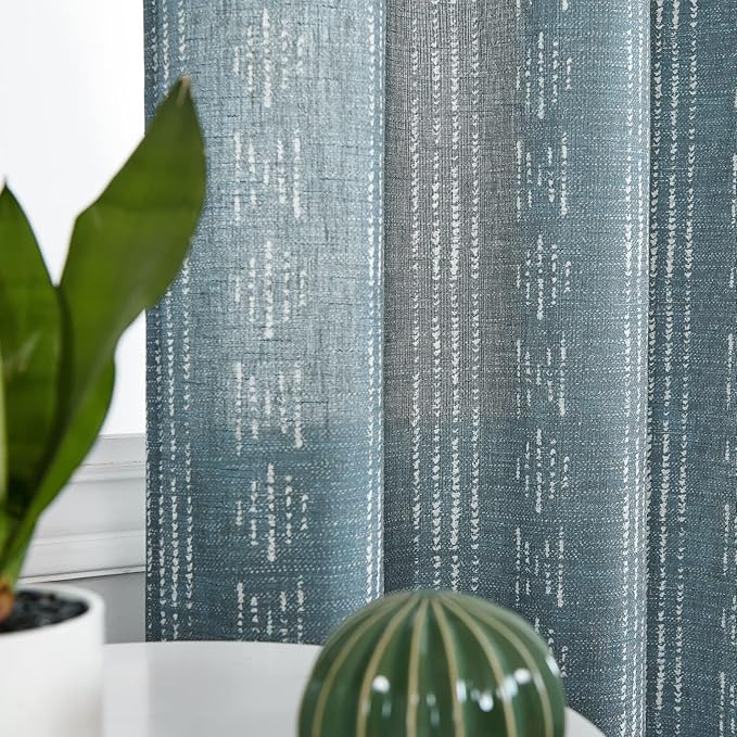 jinchan Boho Curtainsfor Living Room Blue Farmhouse Boho Curtains 84 Inches Long Geometric Striped Mudcloth Light Filtering Bedroom Window Grommet Curtains 2 Panels Blue on Beige