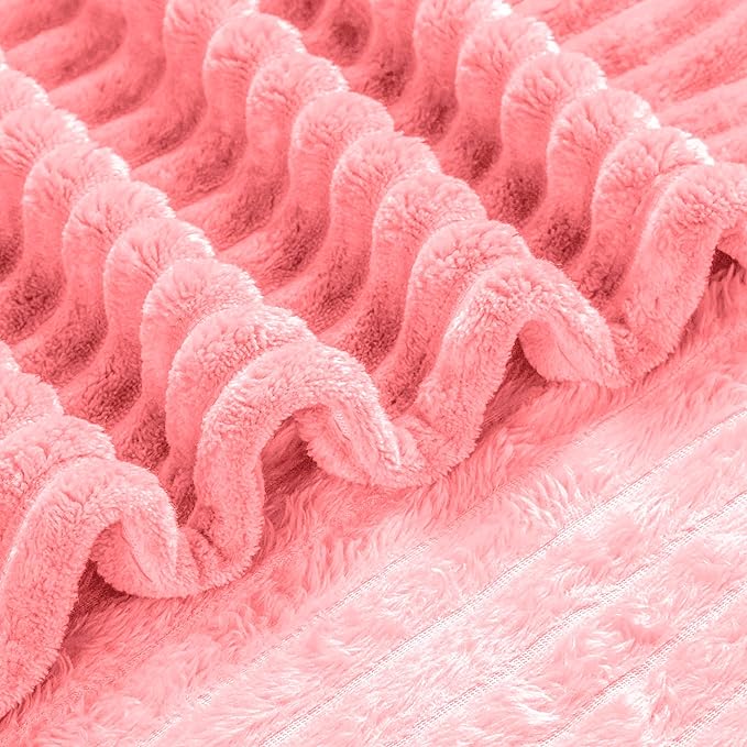 Bnuitland Light Pink Flannel Throw with Storage Pouch,300GSM Super Soft Fleece Stripe Pattern Sofa Blanket for Adults and Kids, Lightweight Cozy Bed Throw for Home Decor All Season
