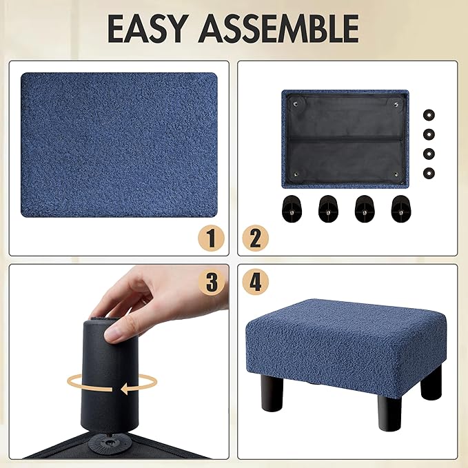 BRIAN & DANY Small Foot Stool Ottoman, Footstool with Legs, Teddy Velvet Foot Rest for Living Room, Bedroom and Office, Blue