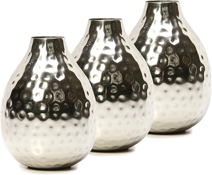 Hosley Set of 3 Metal Bud Vases - Your Choice of Colors. 4.5 Inch High. Ideal Accent Piece for Coffee and Side Tables as Well as Dried Floral Arrangements (1-Silver Finish)