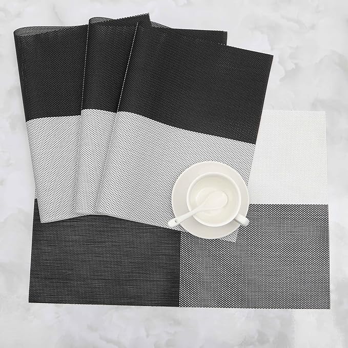 HeloHo Placemats Set of 6 Black and White Placemats Heat-Resistant Washable Vinyl Woven Table Mats Wipeable Placemat for Kitchen Dining Table Decoration Indoor Outdoor