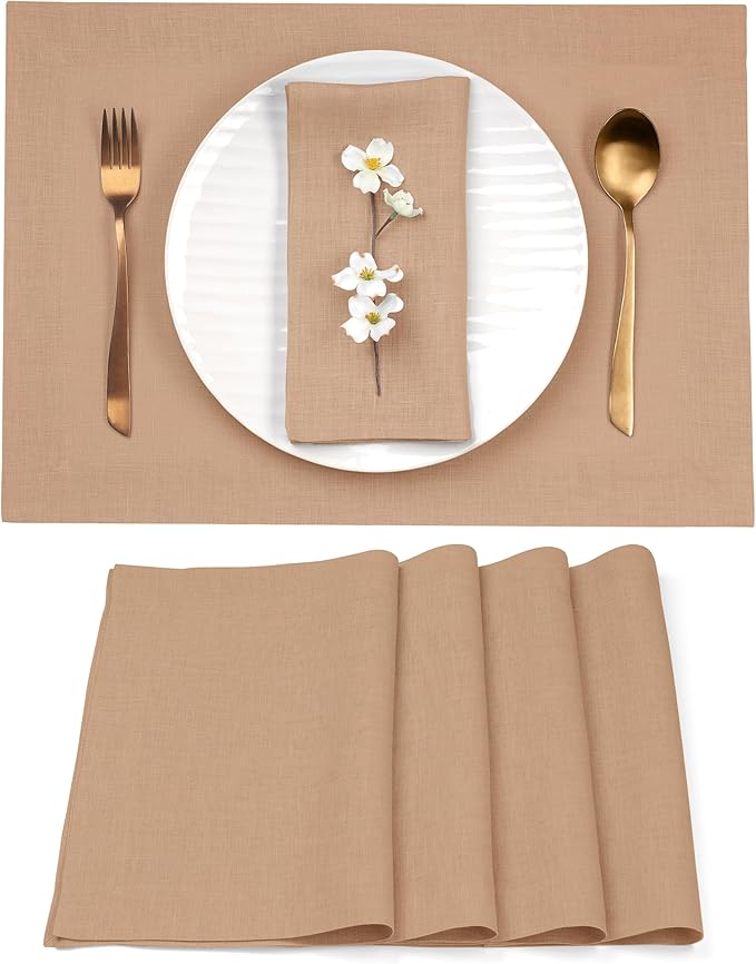 D'Moksha Homes Linen Champagne Beige Placemats Set of 4-100% Pure Linen Placemats 14 x 19 Inch for Summer - Handcrafted and Machine Washable
