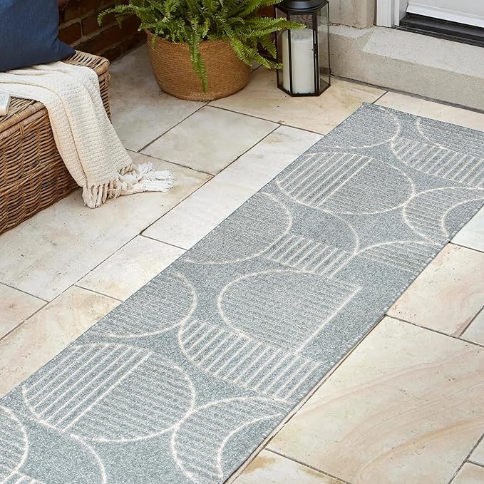 JONATHAN Y SCN104F-28 Nordby High-Low Geometric Arch Scandi Striped Light Blue/Cream 2 ft. x 8 ft. Indoor/Outdoor Runner Rug for Patio, Backyard, Living Room, Bedroom, Office, Hose-Washable