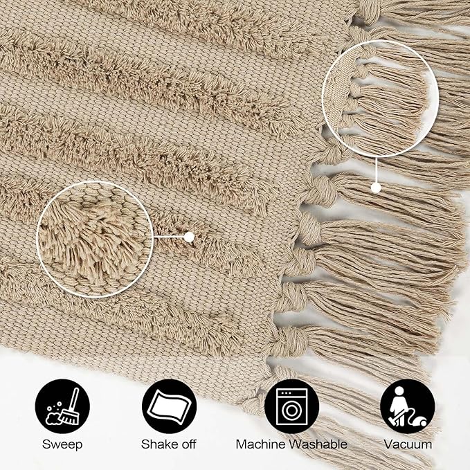 LEEVAN Washable Hallway Runner Rug 2.6'x8', Boho Rainbow Rug Runner, Hand-Woven Entryway Rug with Tassels, Farmhouse Bathroom Rug, Cotton Tufted Rugs for Bedroom, Long Carpet Sink Foyer(Tan)