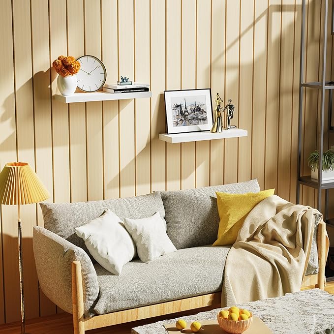 Bellsal Floating Shelves for Wall, White Engineered Wood Wall Shelf Set of 2, 24" Wall Mounted Floating Shelf for Kitchen, Living Room, Bedroom, Bathroom Storage, Book Shelf for Home Decor