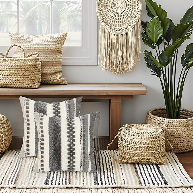 Tosleo Boho Throw Pillow Covers 18x18 Set of 2 Striped Decorative Pillow Cases Accent Chenille Pillowcases Farmhouse Cushion Case Bohemian Nuetral Textured Pillow Cover,Gray