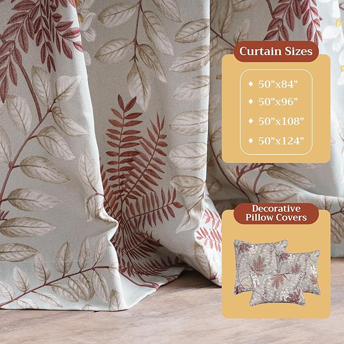 Maison d' Hermine Curtains for Living Room 100% Cotton 124 inch Length One Panel Light Filtering Curtains for Bedroom Windows with Rod and Loop Pockets Drapes (Feuillage Light Taupe, 50" W x 124" L)