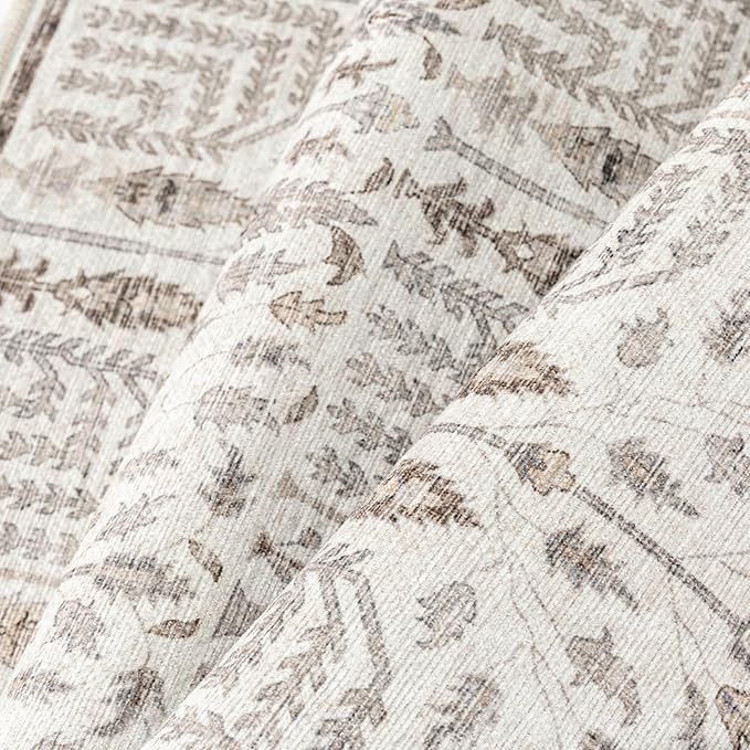 Area Rug 5x7 Washable Taupe Carpet Non Slip Large Boho Thin Floral Farmhouse Throw Accent Rug for Living Room Bedroom Office Kitchen Bathroom
