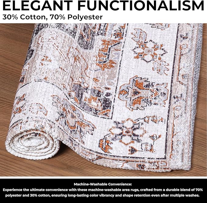 Washable Soft Small Boho Area Rugs, Rags Rug, Printed Carpet Chennile Rugs for Living Room 27x45 inch Dk Grey Rust Multi,Machine Washable Printed Rugs - 30% Cotton, 70% Polyester