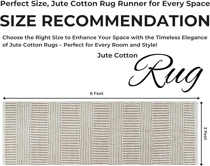 Bedding Craft Jute Cotton Stripe Area Rug Runner for Living Room 24x72 Inch - Natural Ivory - Machine Washable 2x6 Feet Rugs - 70% Jute and 30% Cotton