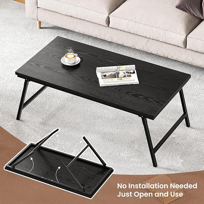 Folding Coffee Table for Small Spaces, Leg Latches Collapsible Foldable Coffee Table Portable Sturdy, No Assembly Low Tables for Living Room (Black, Opened Size: 41.34L×21.65W×15.75H)