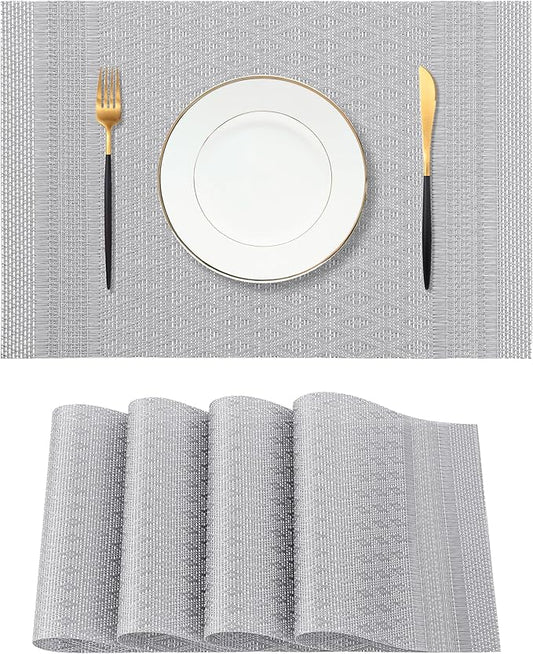 Leetaltree Lunar Grey Placemats Set of 4 - Heat Resistant Non-Slip Place mats for Dining Table, Washable Durable PVC Vinyl Woven Table Mats(Lunar Grey, 4)